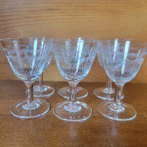 7 Vintage Etched Cordial/Aperitif/Shot Glasses